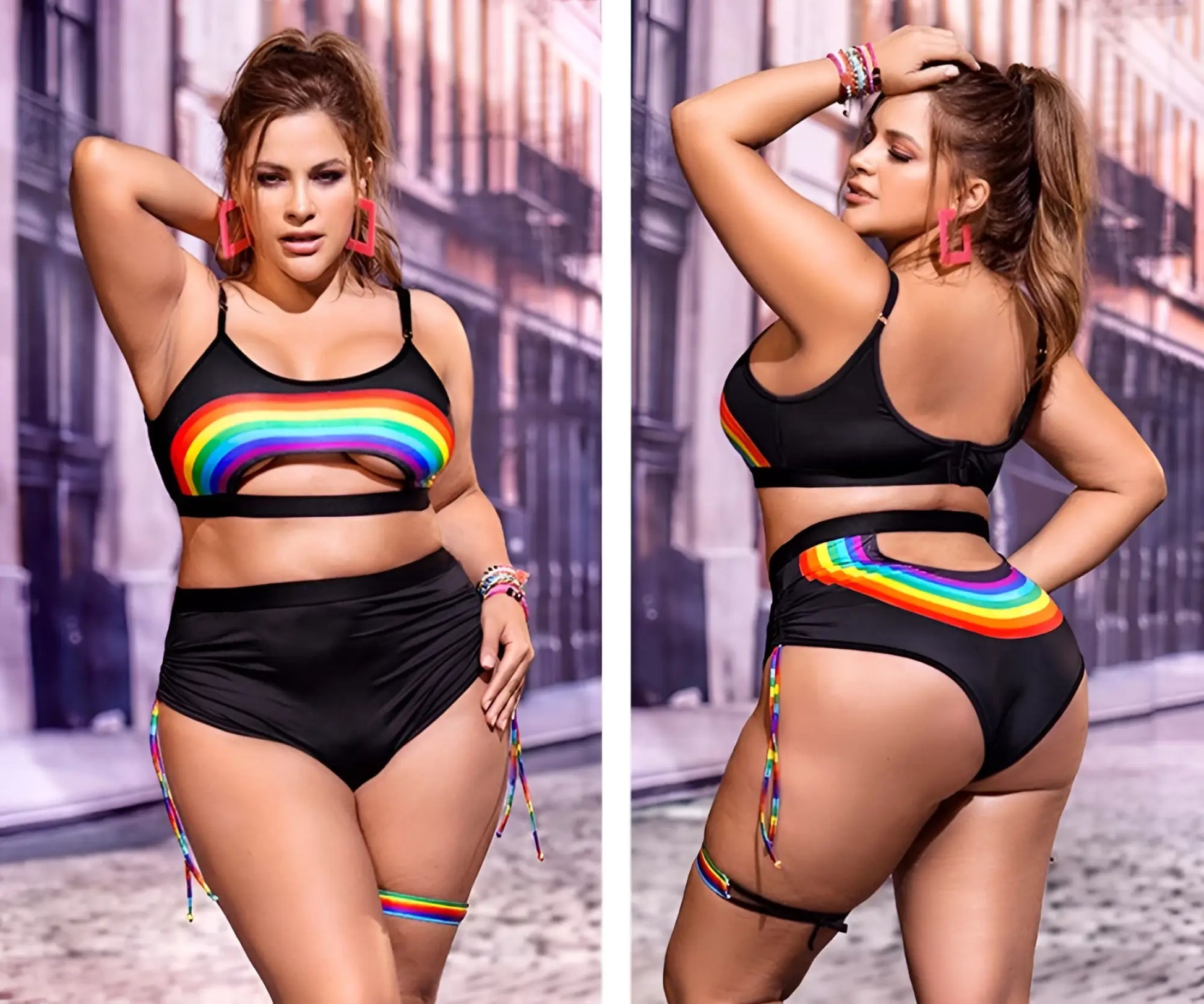 Black mapale 2689x two-piece swimsuit set with rainbow arc and matching striped side ties shown from the back