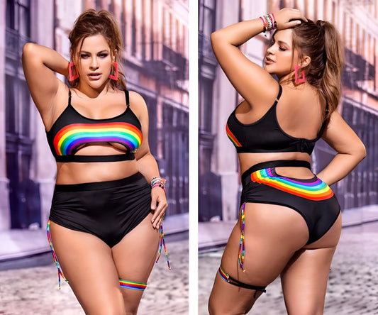 Black mapale 2689x two-piece swimsuit set with rainbow arc and matching striped side ties shown from the back