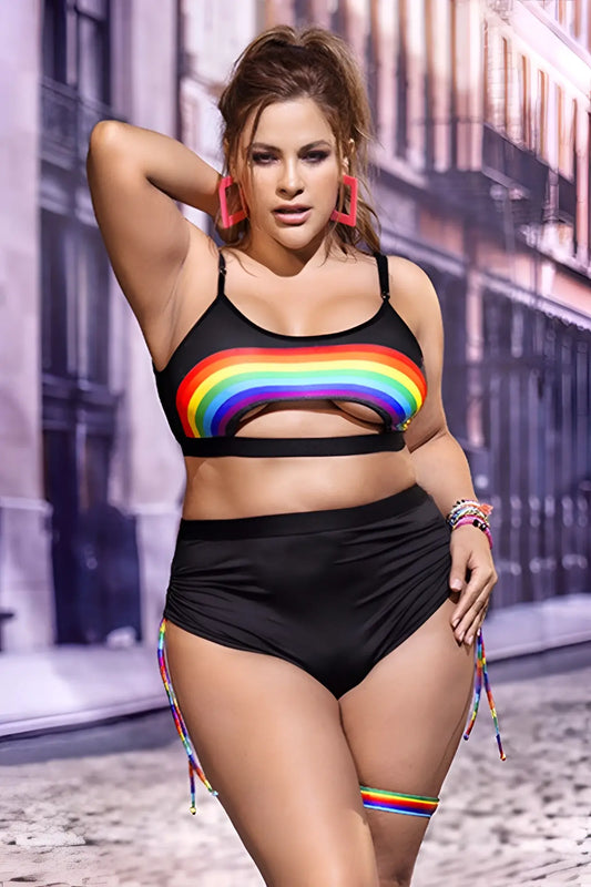 Mapale 2689X black two-piece swimsuit with rainbow stripe across the top and matching rainbow side tie trim