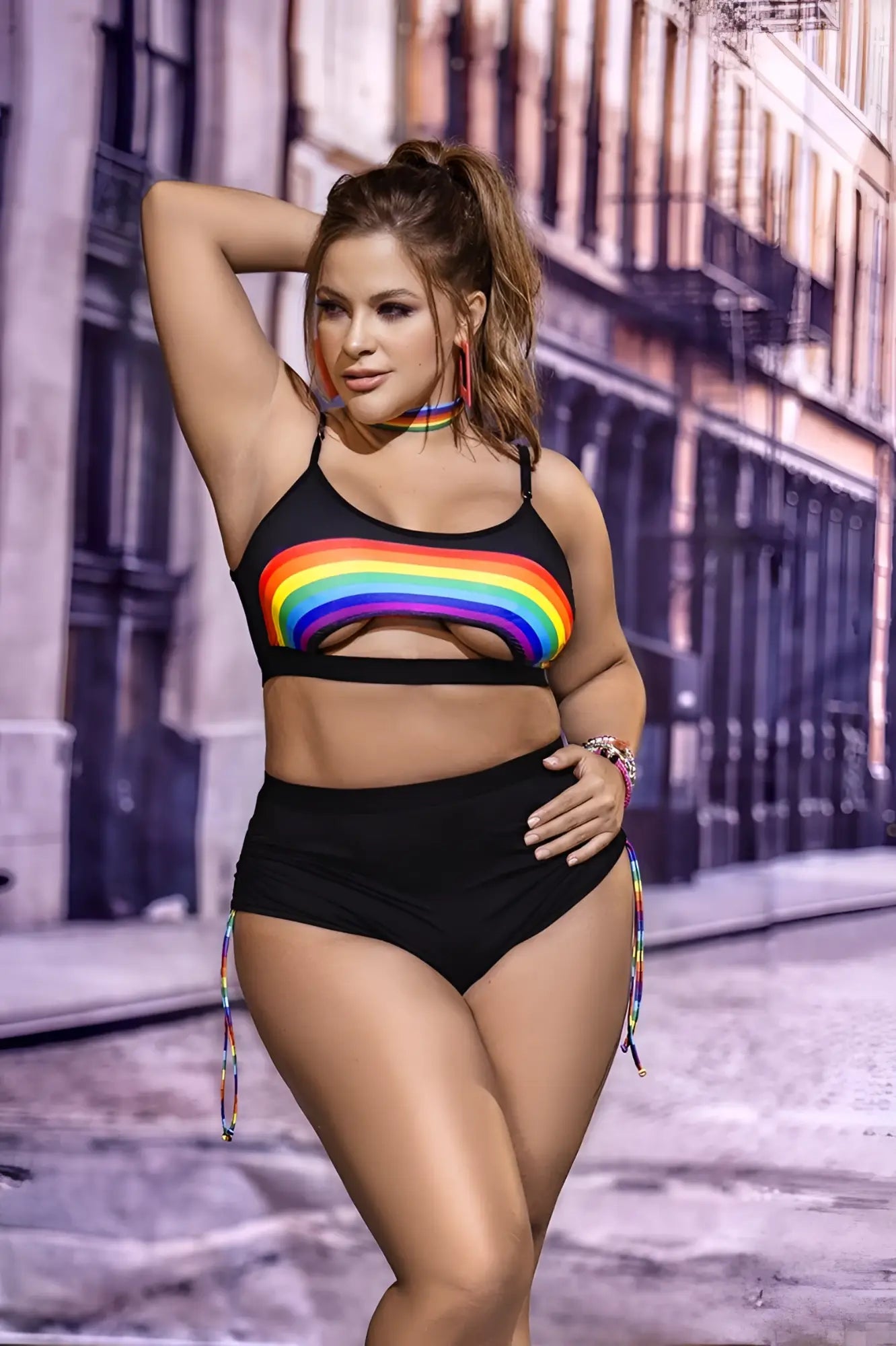 Black mapale 2689x two-piece swimsuit with rainbow stripe top and matching rainbow side tie details
