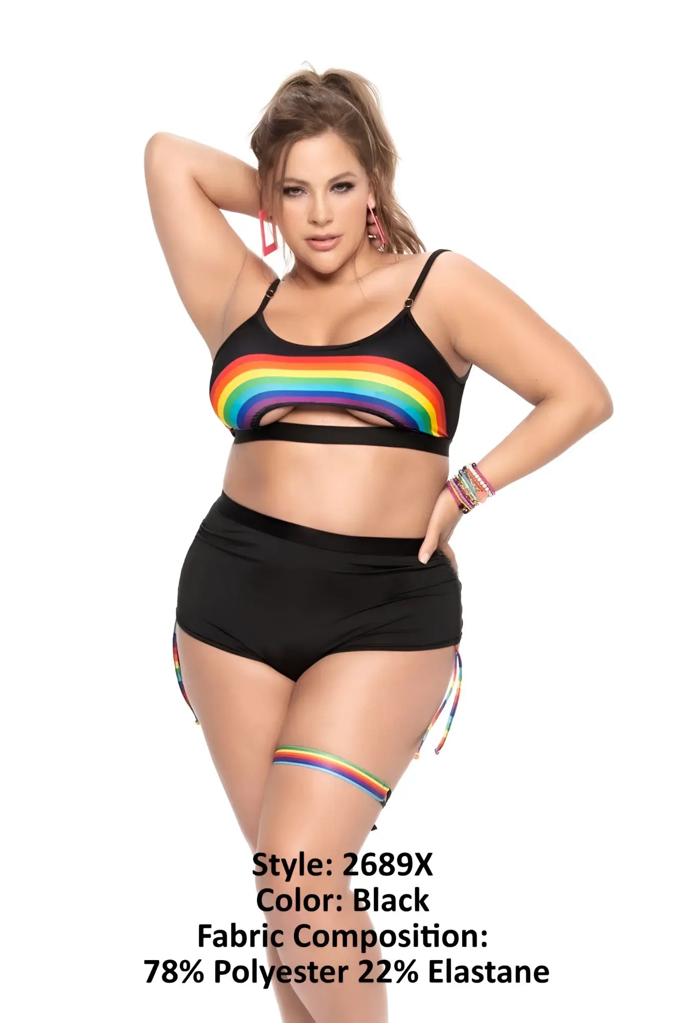 Black two-piece swimwear set by mapale 2689x with rainbow stripe accents and leg ties for stylish beachwear
