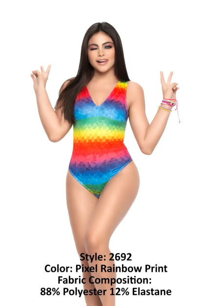 Mapale 2692 bodysuit one-piece swimsuit with rainbow pixel print made of 88% polyester and 12% elastane