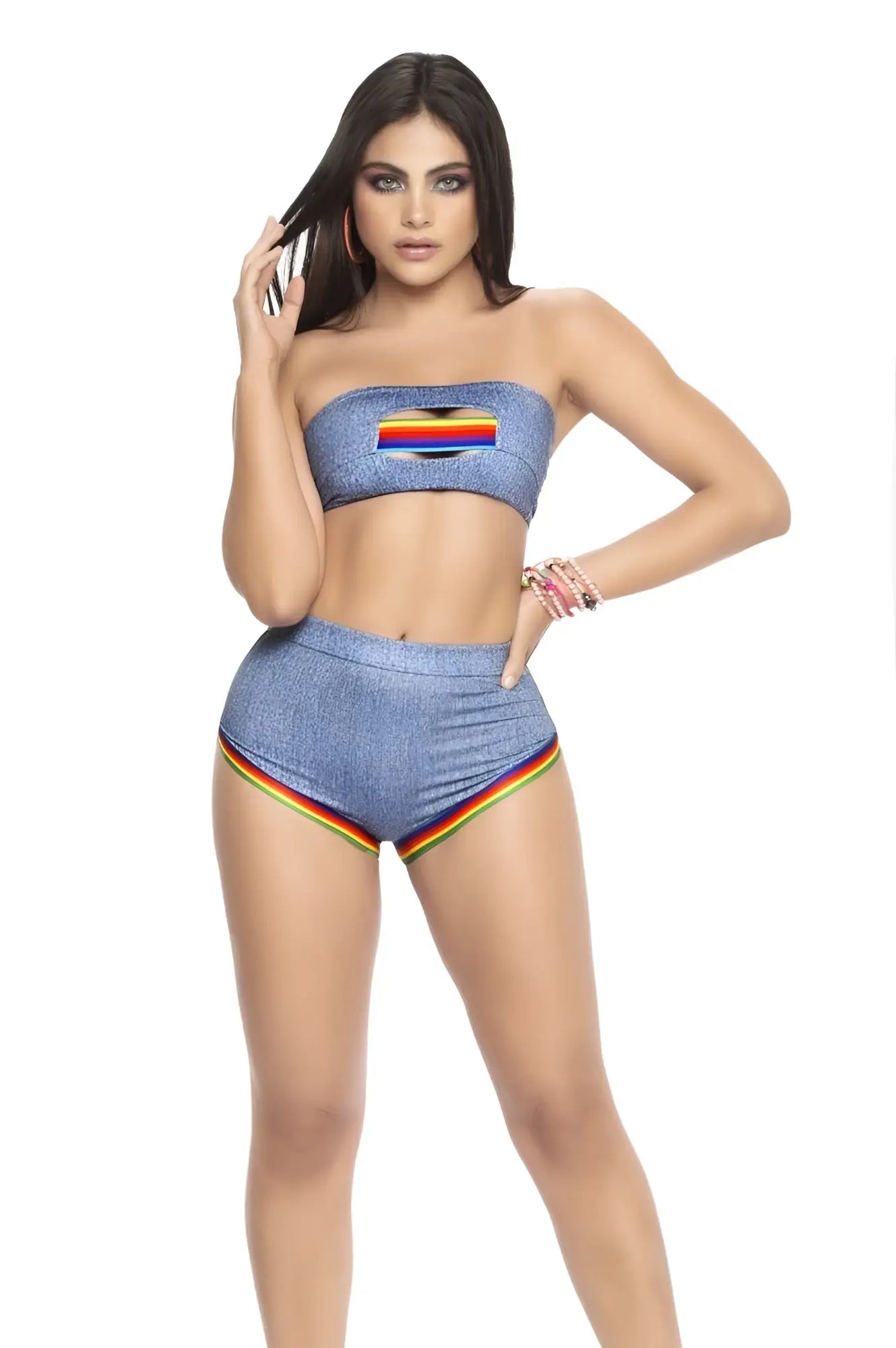Mapale 2694 two piece set featuring blue chambray denim textured strapless top and high waisted shorts with rainbow trim