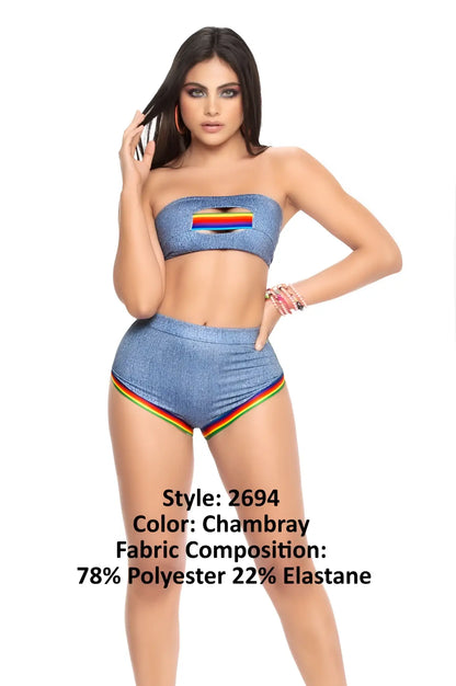 Blue chambray strapless top and high-waisted shorts with rainbow trim two piece set by mapale