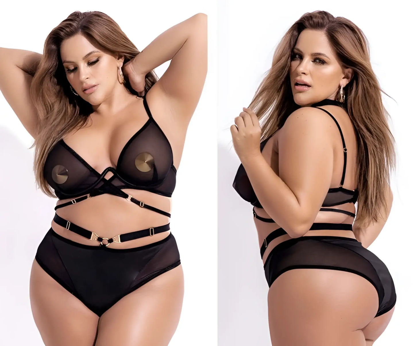 Black sheer two piece lingerie set by Mapale with gold toned circular accents and adjustable straps