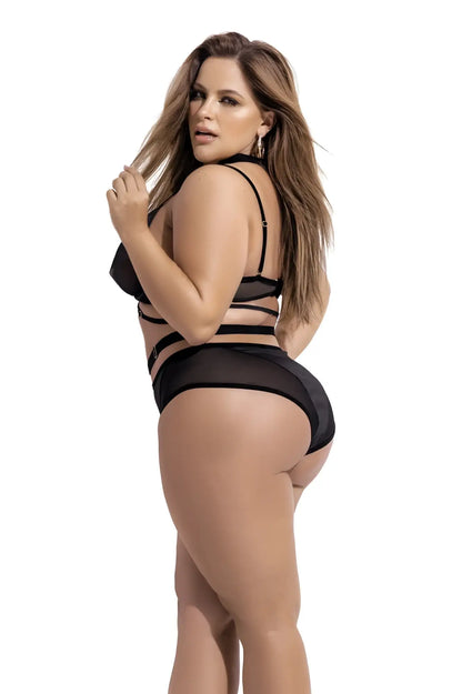 Black sheer mesh lingerie two piece set by Mapale 2696X with thin straps and a high waisted design