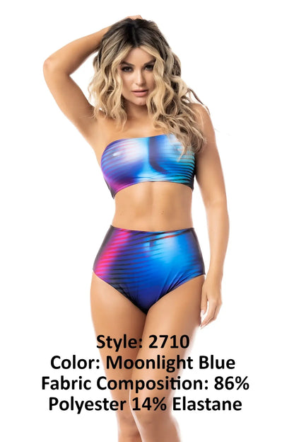 Mapale 2710 two piece set moonlight blue strapless bikini with shimmering iridescent fabric and blue purple gradient stripes