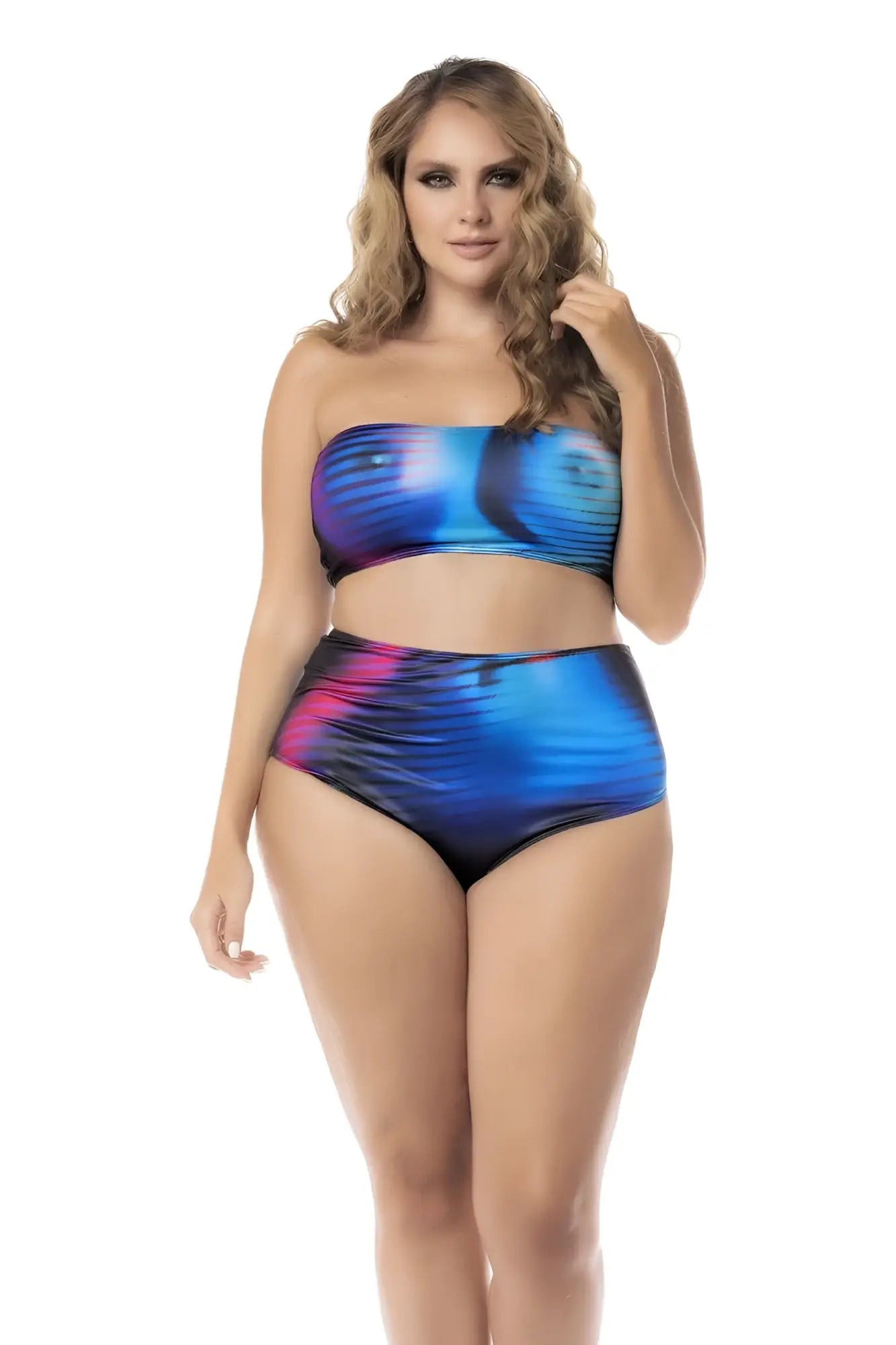 Mapale 2710x two piece set moonlight blue vibrant blue and pink abstract patterned strapless top with high waisted bottoms