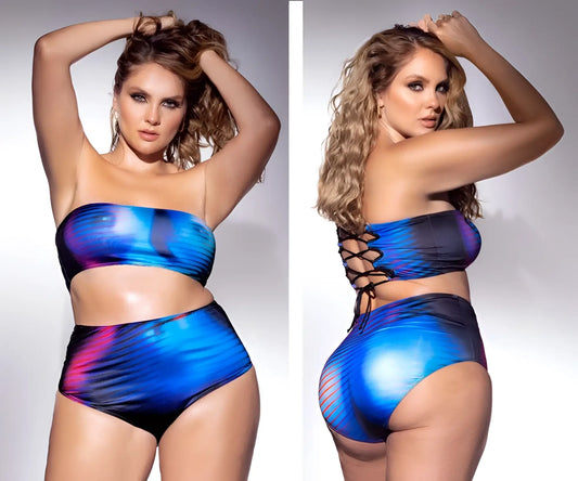 Mapale 2710x two piece swimsuit set in vibrant moonlight blue features a strapless bandeau top with lace-up back and high-waisted bottoms
