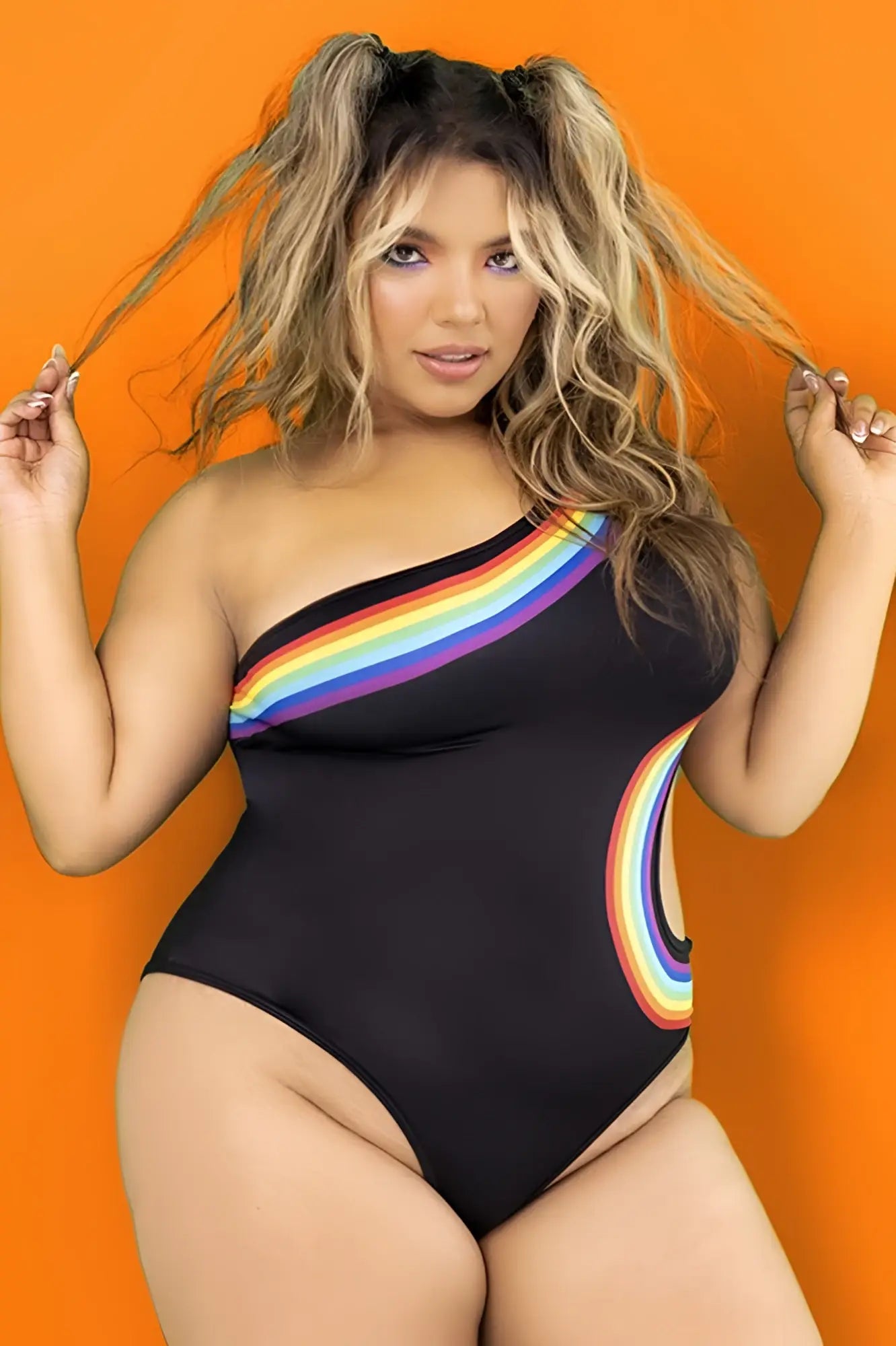 Black one-shoulder Mapale 2718X bodysuit swimsuit with vibrant rainbow stripe on shoulder and side