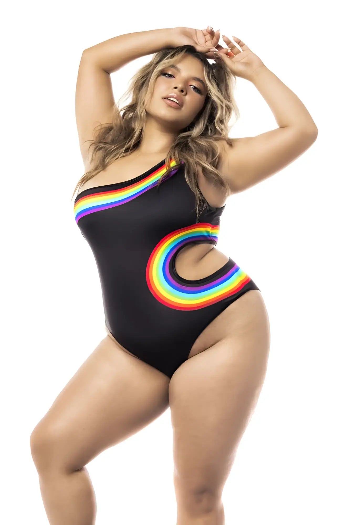 Black Mapale 2718X one-shoulder swimsuit with vibrant rainbow arc and cutout details in a bodysuit design