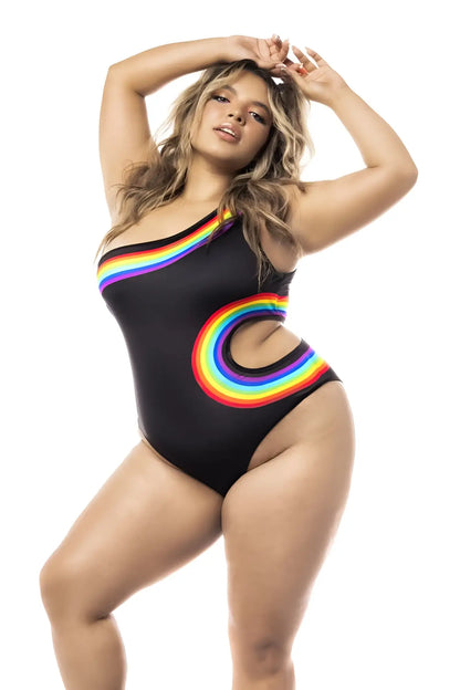 Black Mapale 2718X one-shoulder swimsuit with vibrant rainbow arc and cutout details in a bodysuit design