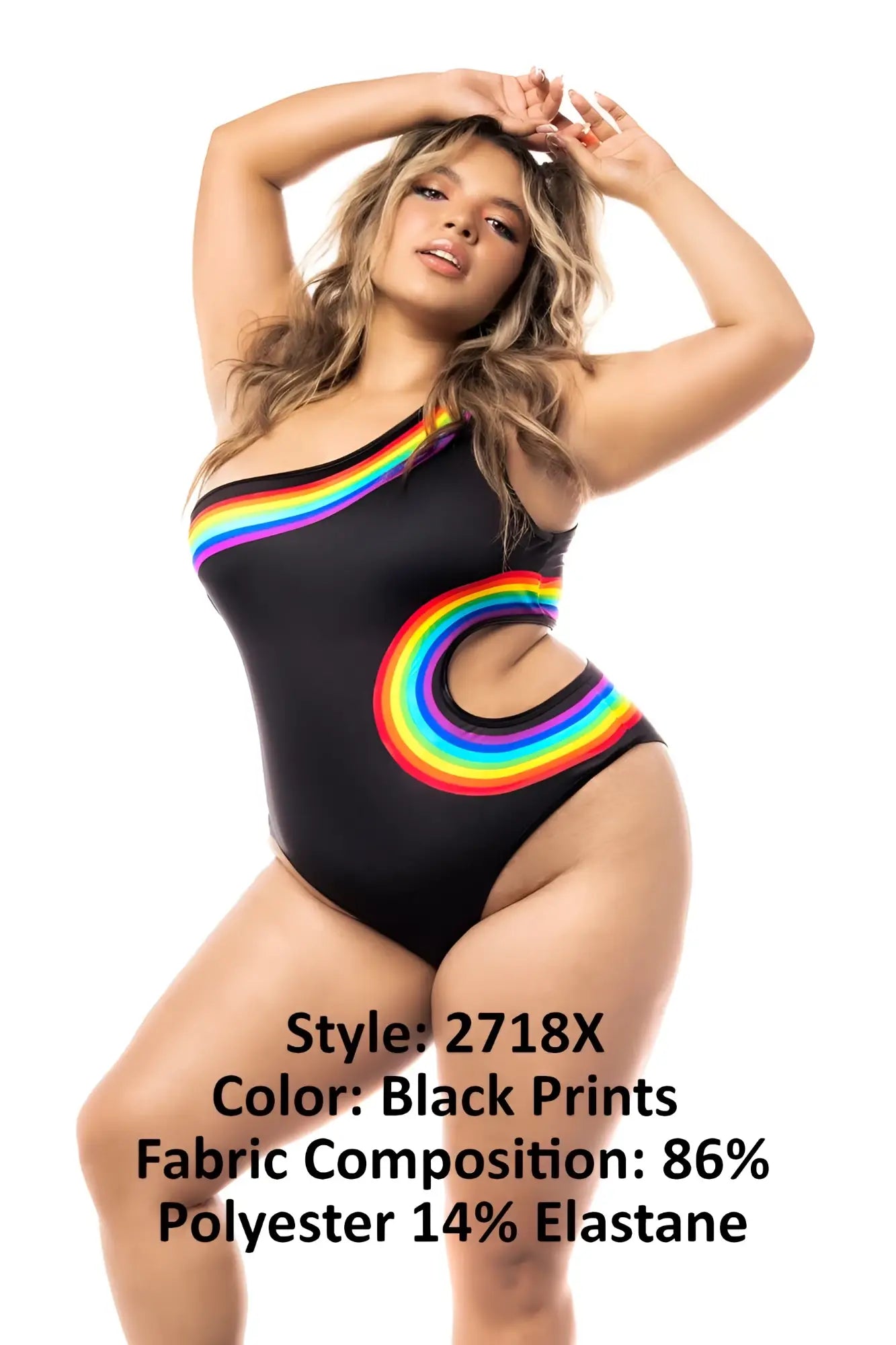Black Mapale 2718X bodysuit one-shoulder swimsuit with vibrant rainbow arc design on chest and hip
