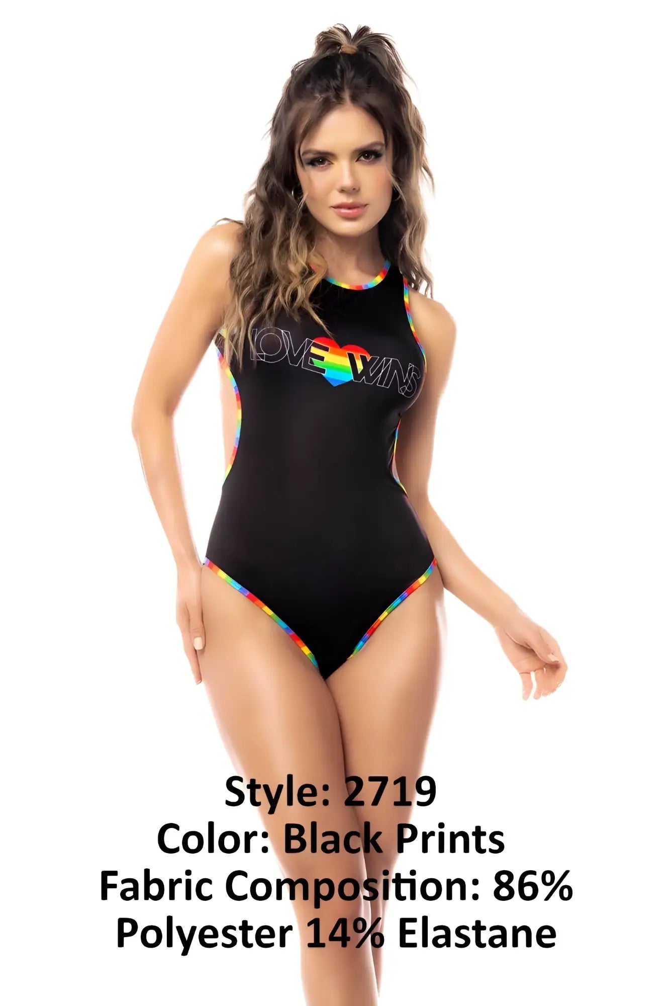 Black one-piece swimsuit mapale 2719 bodysuit with rainbow trim and love wins heart graphic print