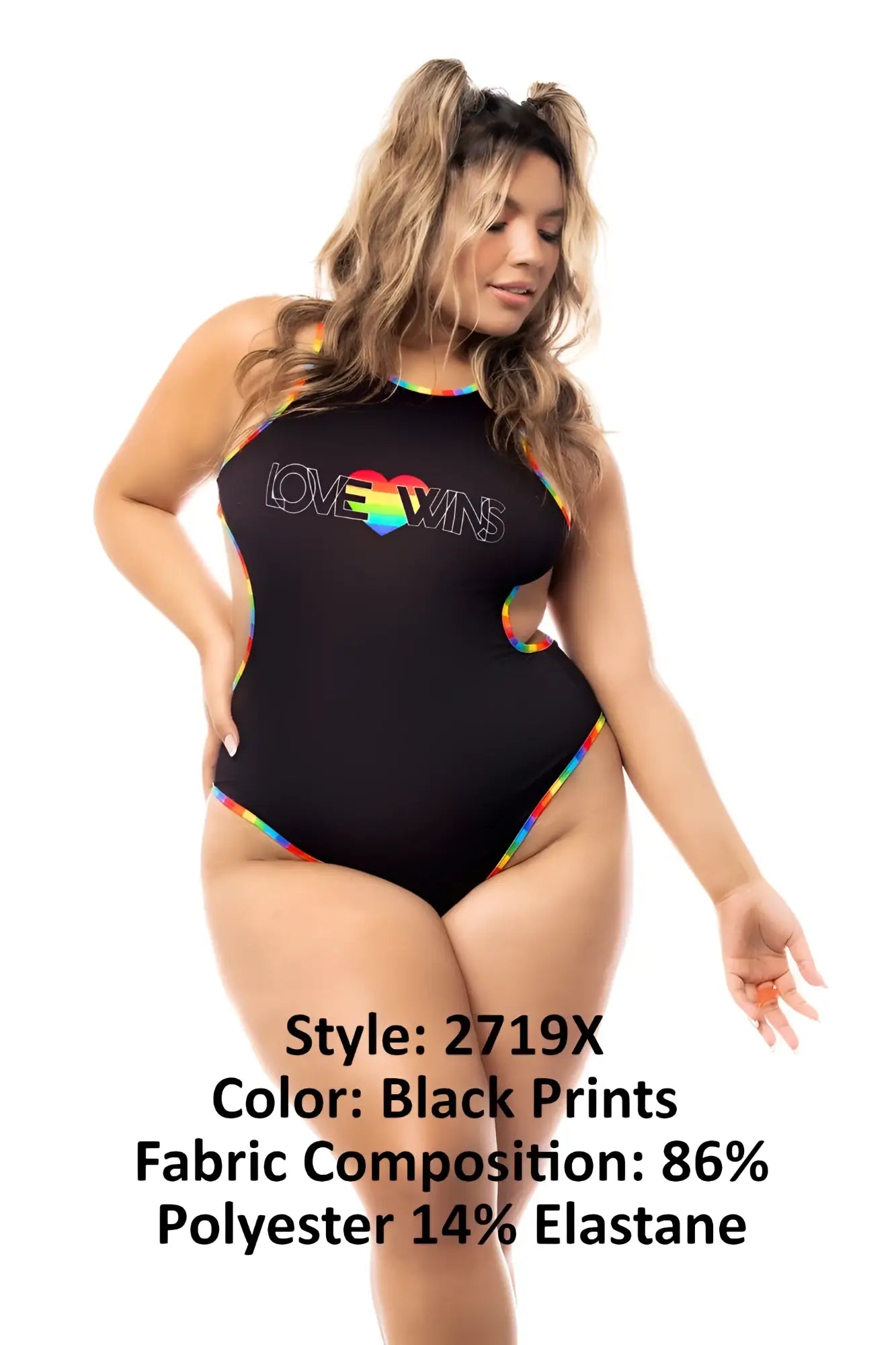 Black one-piece swimsuit mapale 2719x bodysuit with rainbow trim and love wins graphic on the front