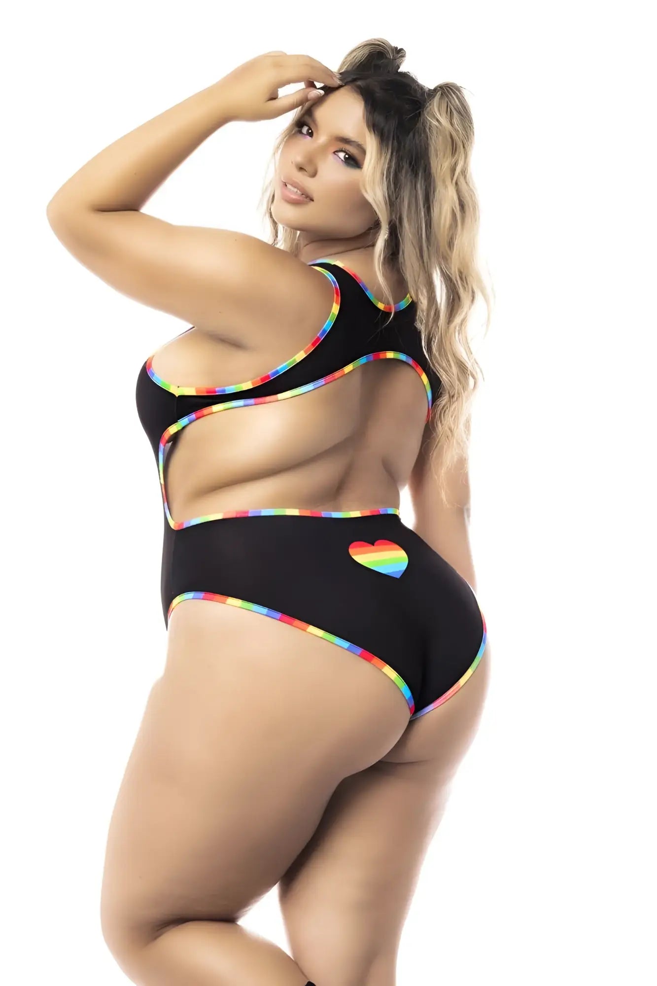 Black Mapale 2719X bodysuit one-piece swimsuit with rainbow trim and heart emblem in front view
