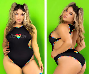 Black Mapale 2719X one-piece swimsuit with rainbow trim and love wins heart graphic print