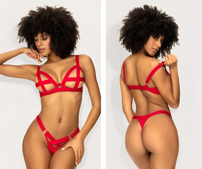 Red strappy lingerie set with geometric cutouts and gold-tone hardware from mapale 2737 two piece set color red