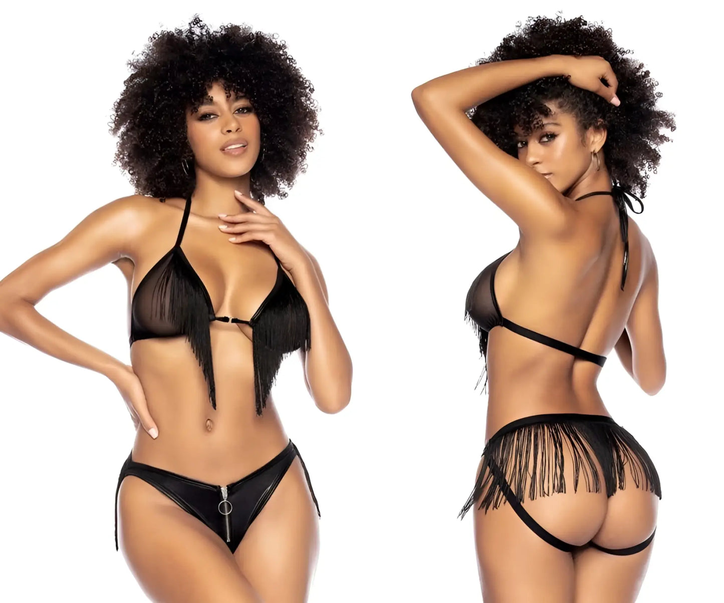 Black fringed two piece lingerie set with sheer mesh and faux leather accents by mapale 2739 color black