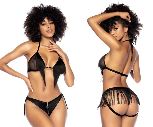 Black fringed two piece lingerie set with sheer mesh and faux leather accents by mapale 2739 color black