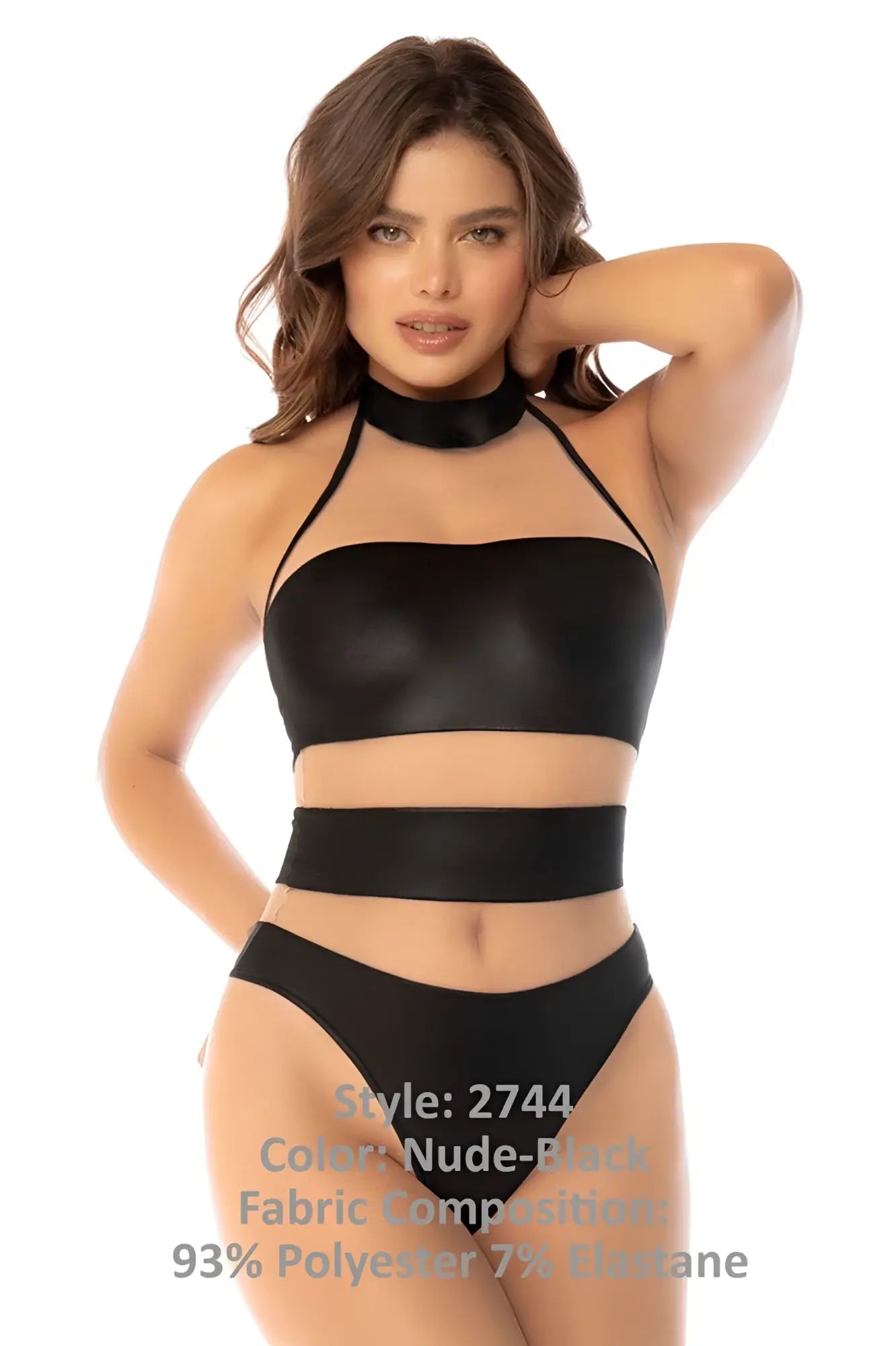 Black halter style two-piece set with high neckline and cut-out details from mapale 2744 kiki bodysuit nude black