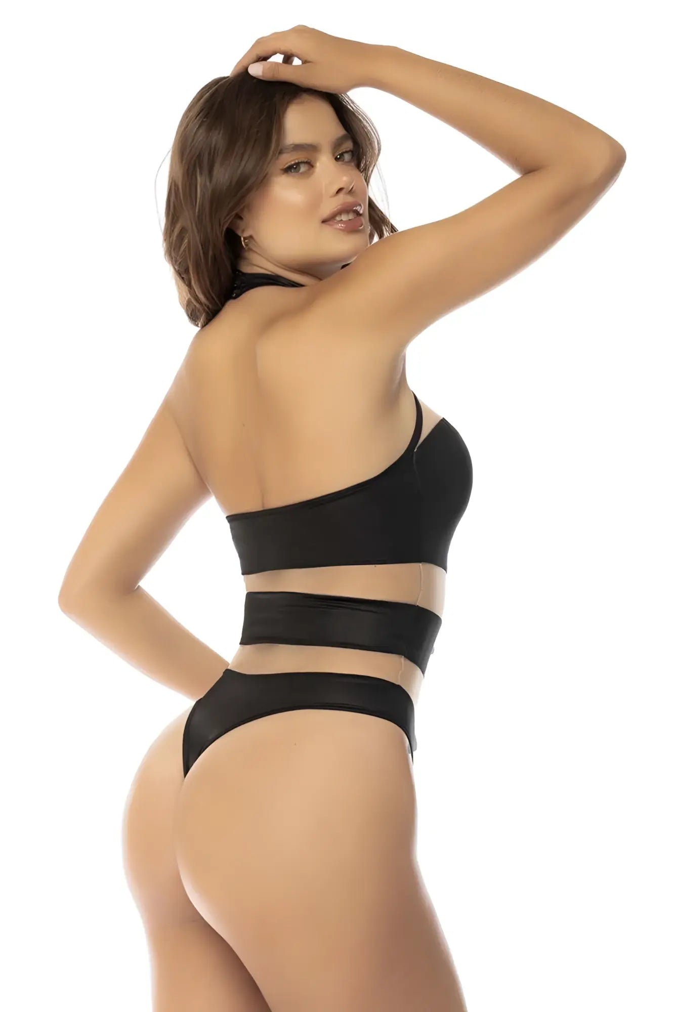 Black one-piece swimsuit Mapale 2744 Kiki Bodysuit with sleek modern cutouts and halter neckline in nude-black color