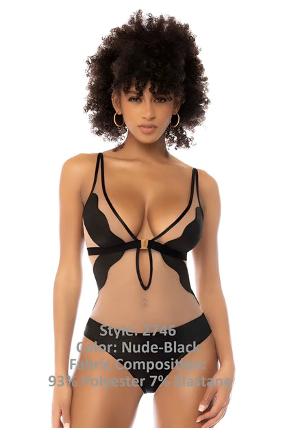 Mapale 2746 Fleur bodysuit nude-black lingerie set with sheer mesh black satin straps and gold-tone bow detail