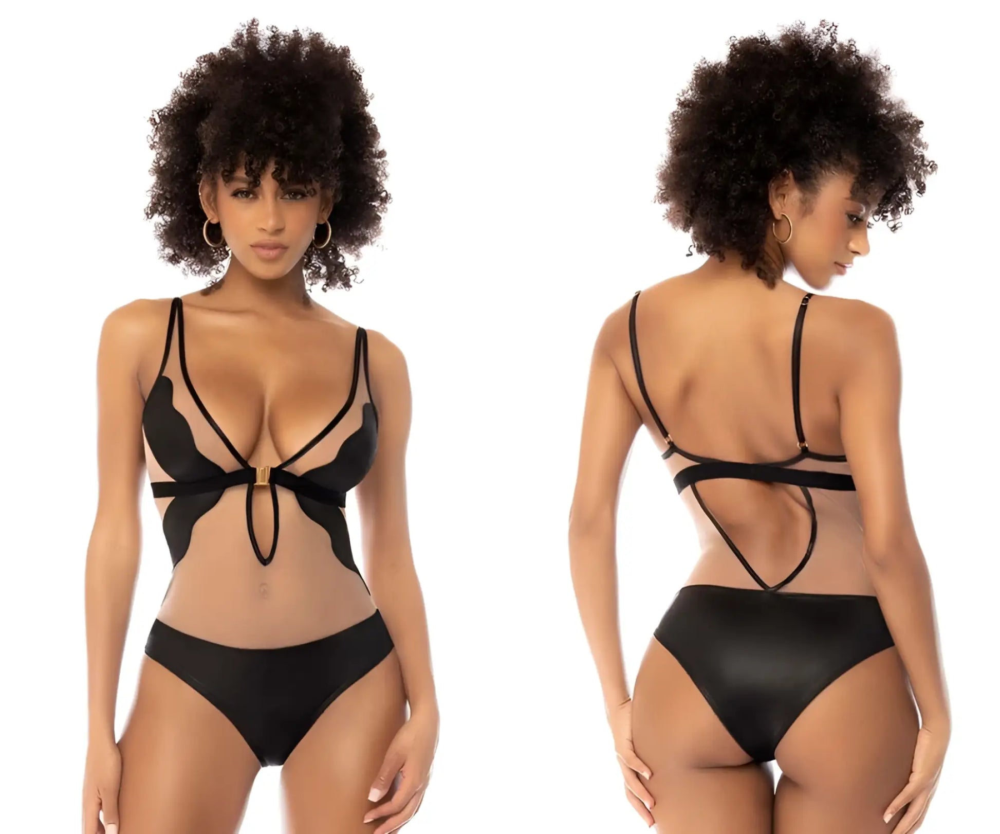 Mapale 2746 fleur bodysuit nude-black sheer mesh bikini top with gold bow and matching high-waisted briefs