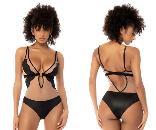 Mapale 2746 fleur bodysuit nude-black sheer mesh bikini top with gold bow and matching high-waisted briefs