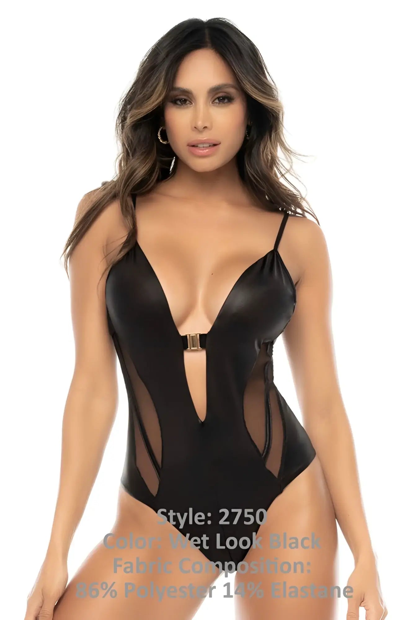 Black wet look one-piece swimsuit with sheer side panels and gold-toned clasp front mapale 2750 fenna bodysuit