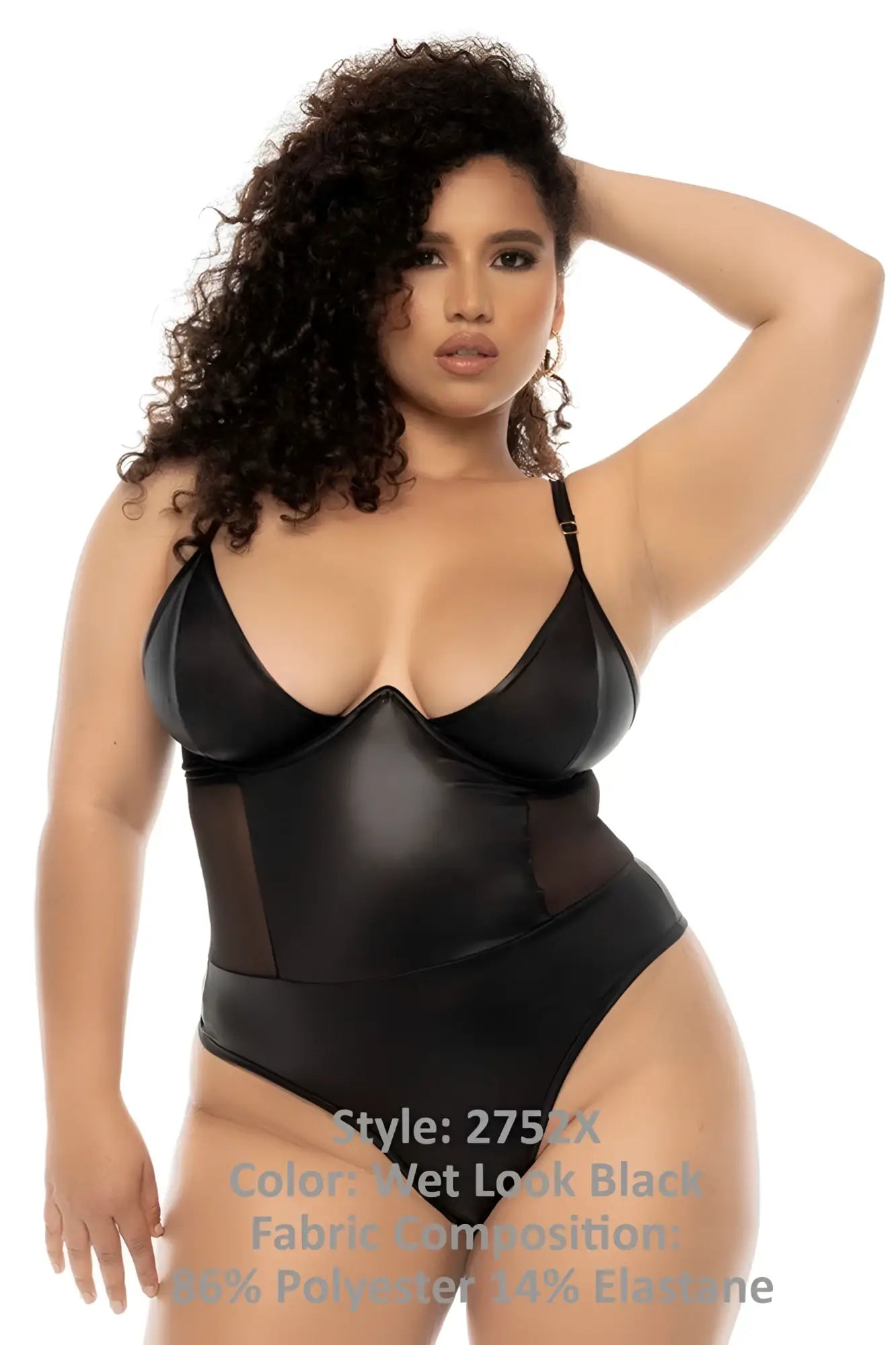 Black wet look one-piece swimsuit with sheer mesh panels by Mapale structured form-fitting design