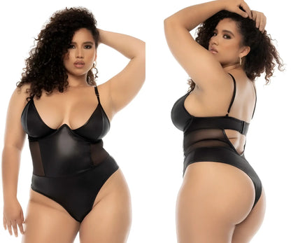 Black satin Mapale 2752X Bibi bodysuit with sheer mesh panels and thin straps in wet look black