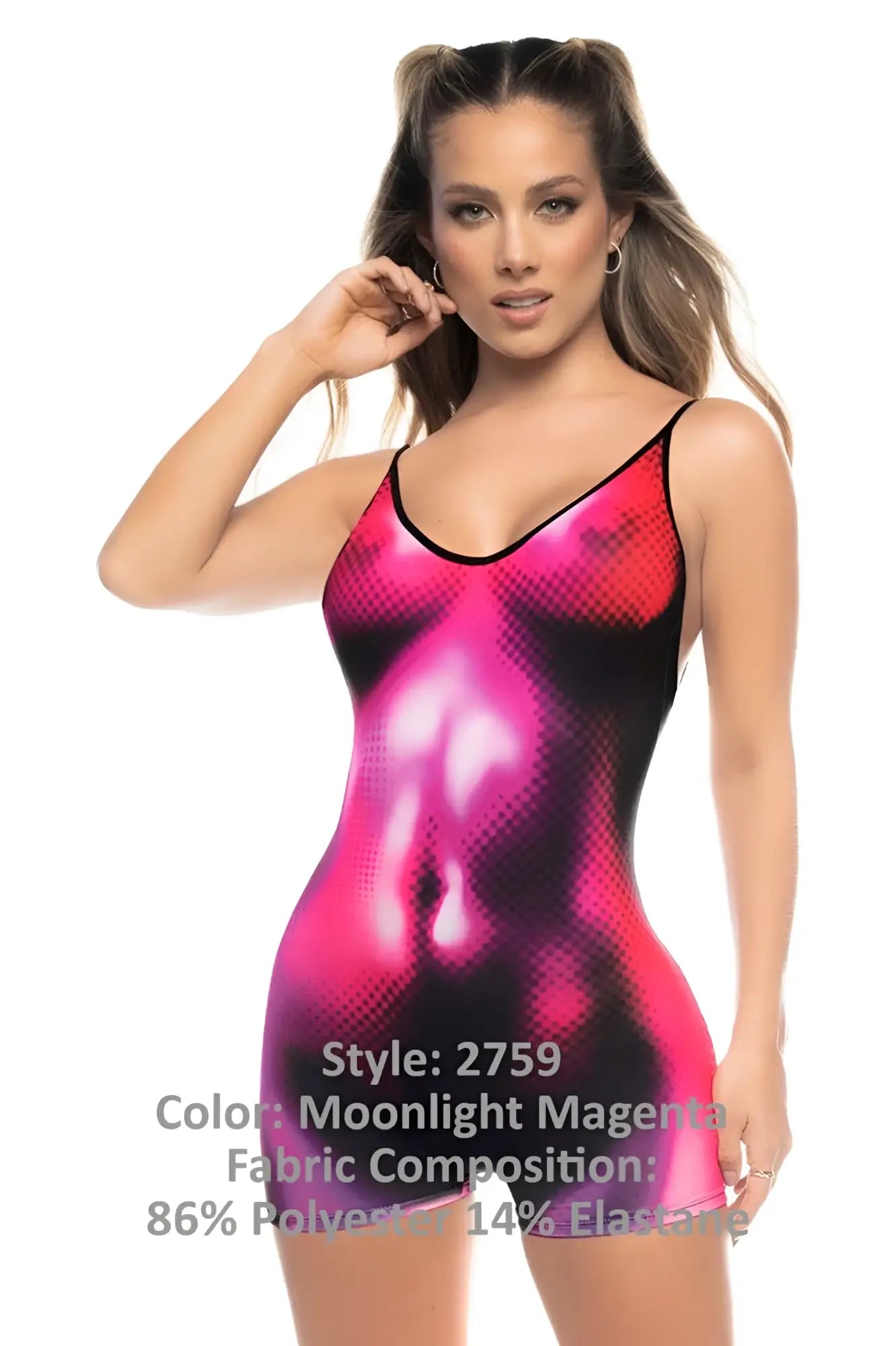 Mapale 2759 Mars romper sleeveless bodysuit in moonlight magenta with vibrant pink gradient and black mesh detailing