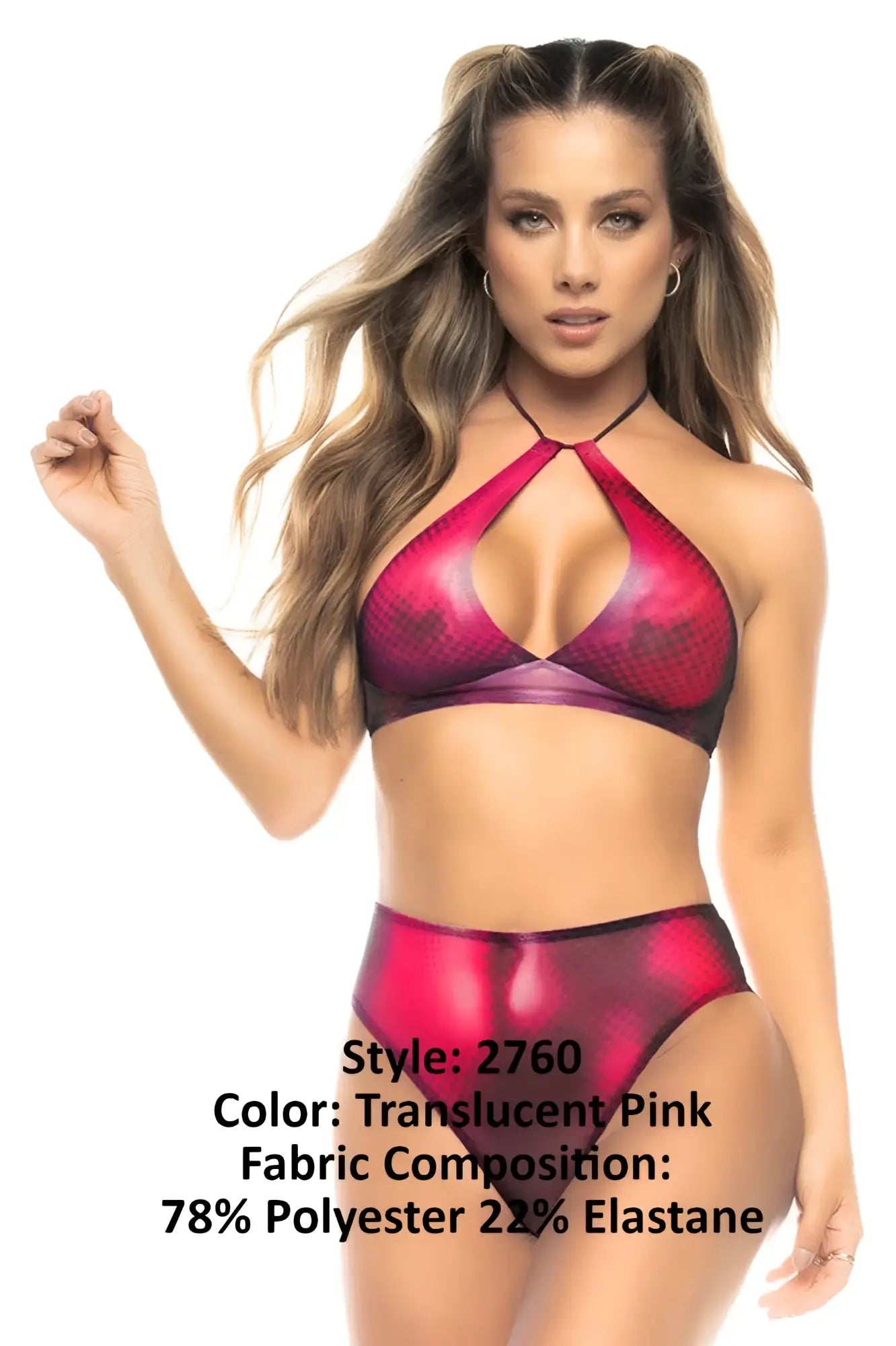 Translucent pink snakeskin two-piece swimsuit with halter top and high-waisted bottoms made of polyester and elastane