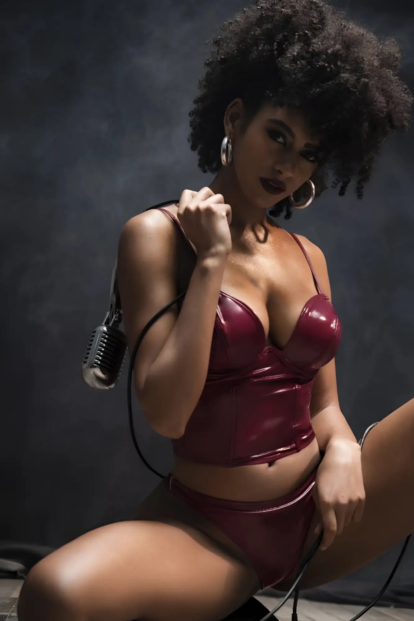 Mapale 2761 two piece set glossy wine latex corset top with thin straps and a structured form fitting design