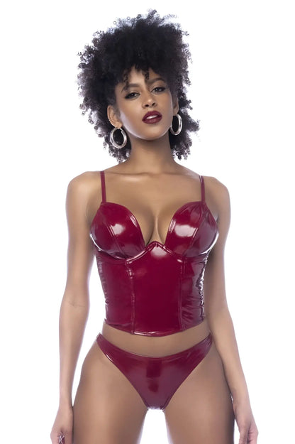 Mapale 2761 two piece set gloss wine color with a deep red glossy latex corset top featuring thin straps and bust enhancement