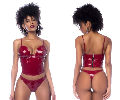 Shiny red latex corset set in gloss wine color from mapale 2761 two piece set showcasing sleek material and fit