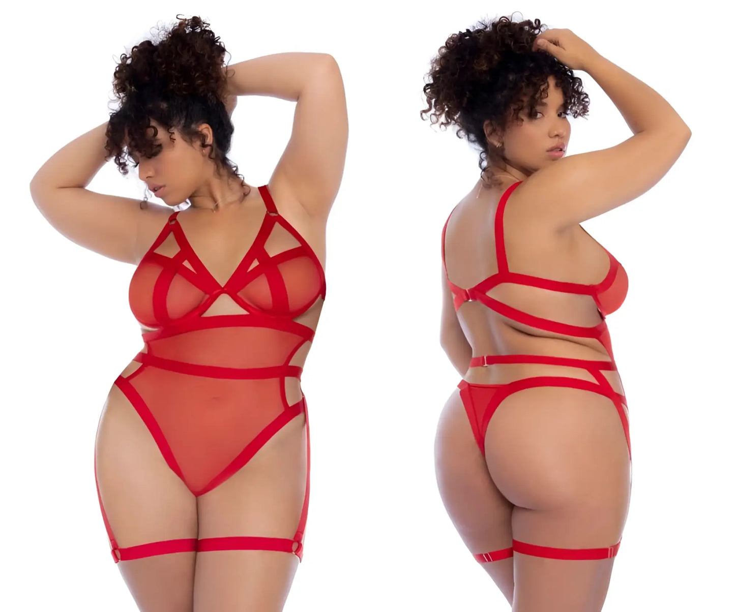 Red lace bodysuit by Mapale with intricate crisscross straps and sheer mesh panels in vibrant red color