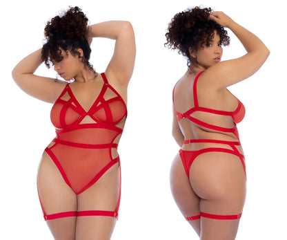 Red lace bodysuit by Mapale with intricate crisscross straps and sheer mesh panels in vibrant red color