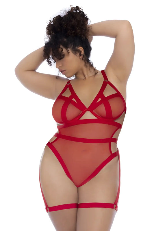 Red sheer mesh lingerie bodysuit with bold red strappy crisscross detailing by mapale 2772x in red