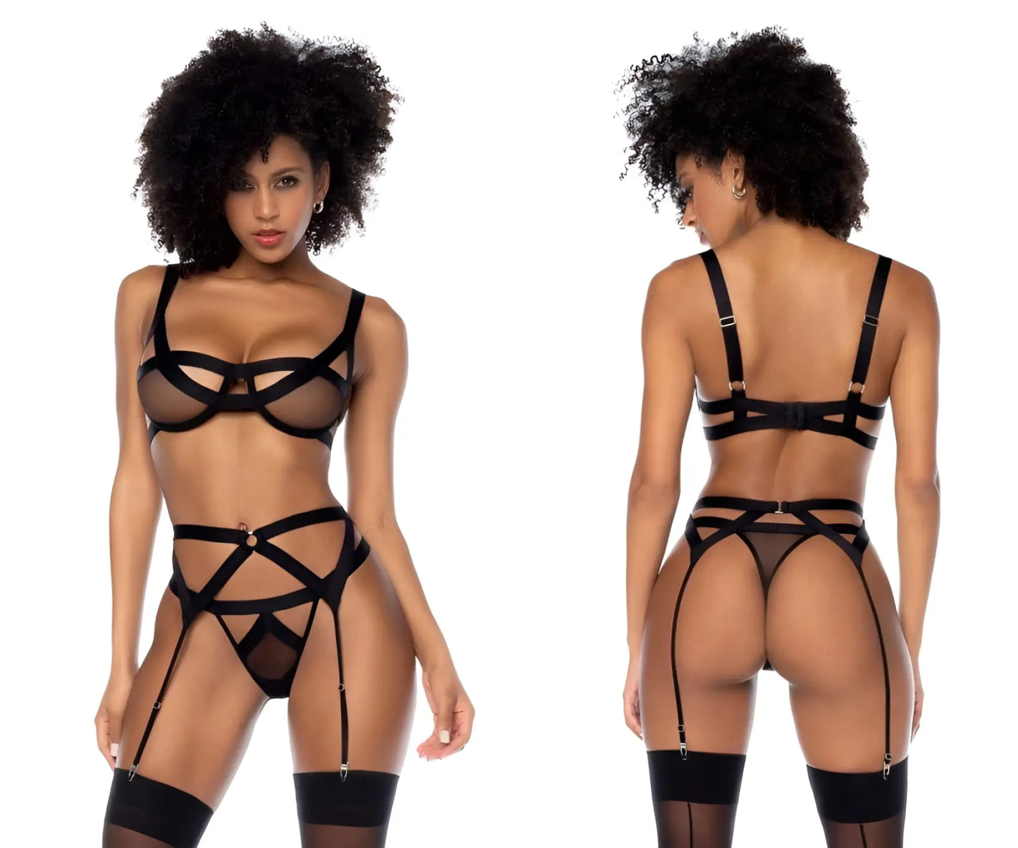 Mapale 2774 black three piece lace lingerie set with crisscross straps and garter belts for elegant wear