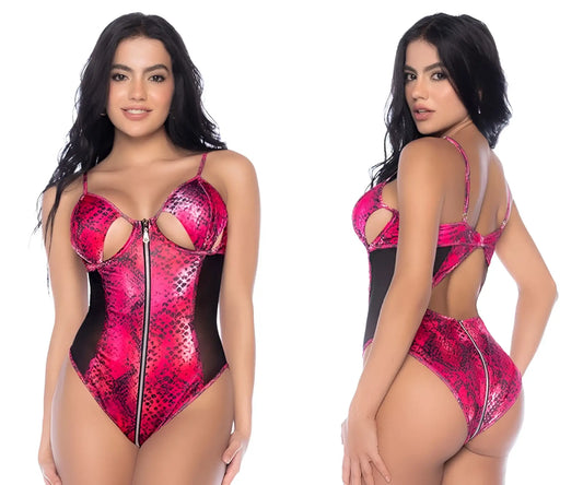 Mapale 2784 bodysuit in fierce fuchsia featuring pink and black snakeskin pattern, front zipper, mesh sides, and bust cut-outs