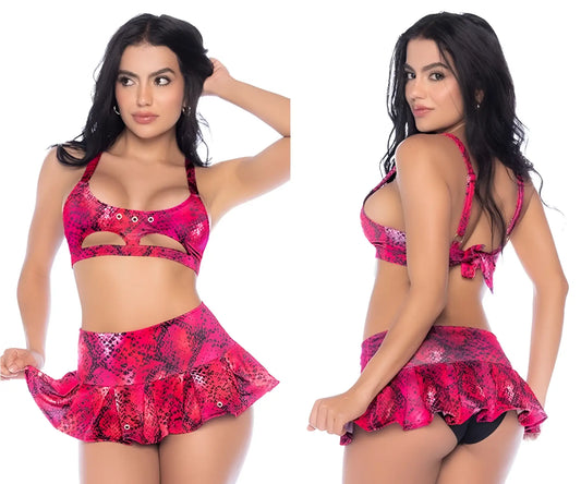 Vibrant pink snakeskin-patterned two-piece swimsuit with ruffled skirt and halter top by Mapale 2785