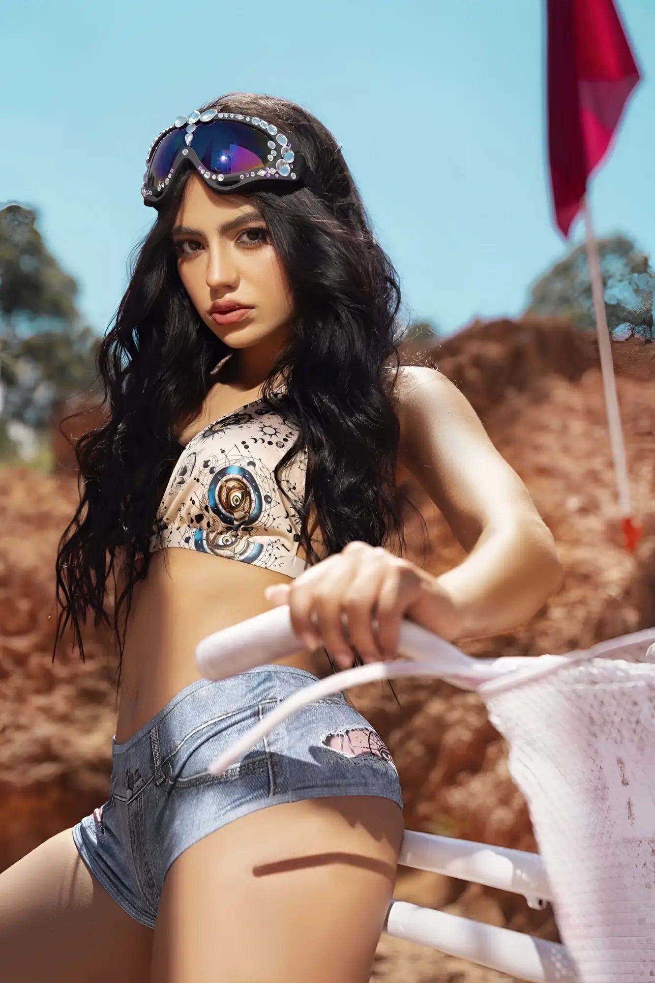 A woman wearing a Mapale 2802 two piece set bohemian mystique with a patterned crop top and distressed denim shorts