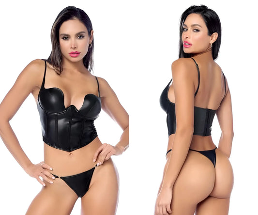 Black faux leather corset and matching thong two piece set by mapale with a sleek, form-fitting design