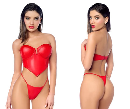Red latex corset top with matching thong briefs from mapale 2809 two piece set in vibrant red color