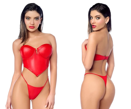 Red latex corset top with matching thong briefs from mapale 2809 two piece set in vibrant red color