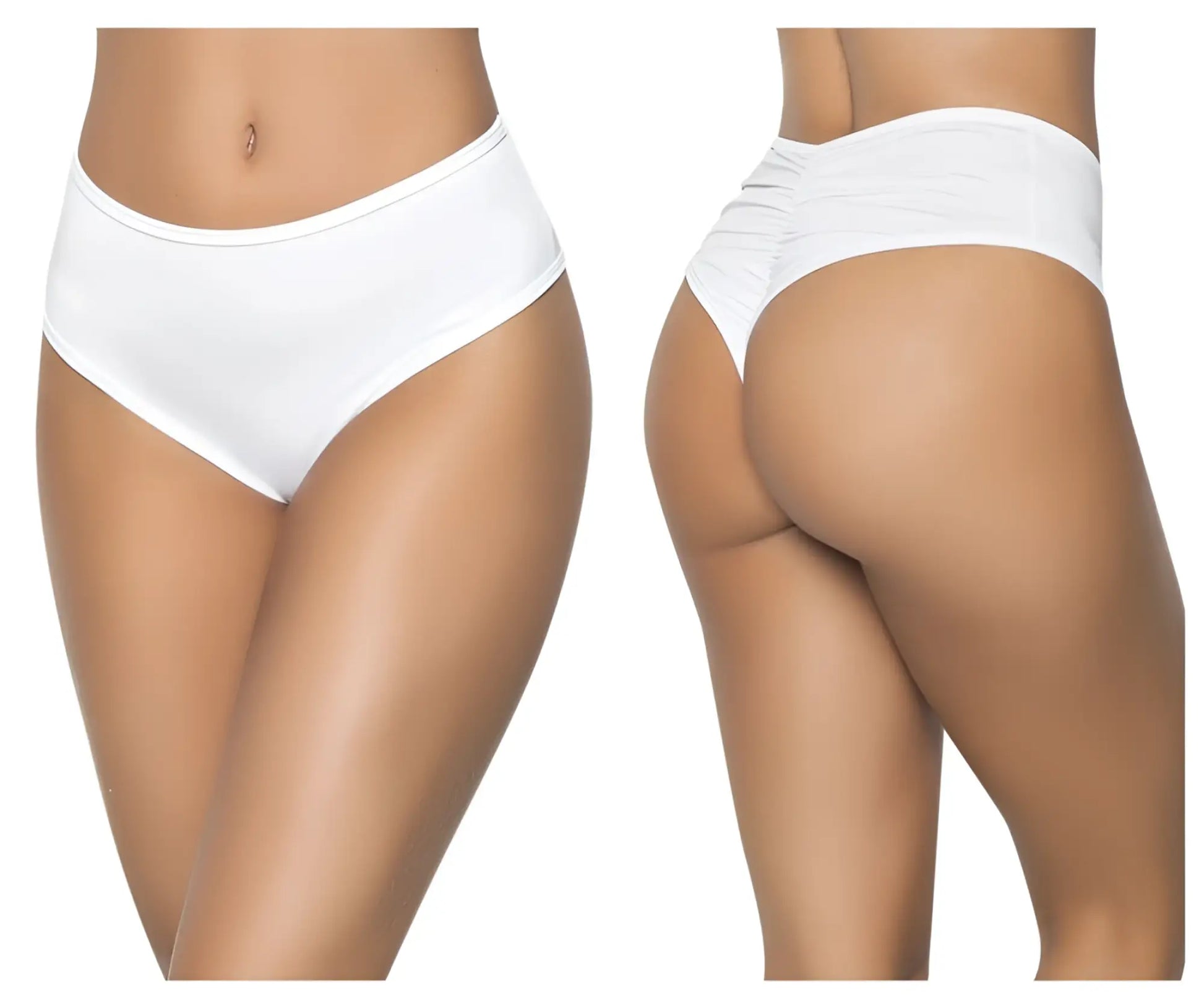 White mapale 3037 high waist bikini briefs with smooth stretchy fabric and ruched back design shown from back side