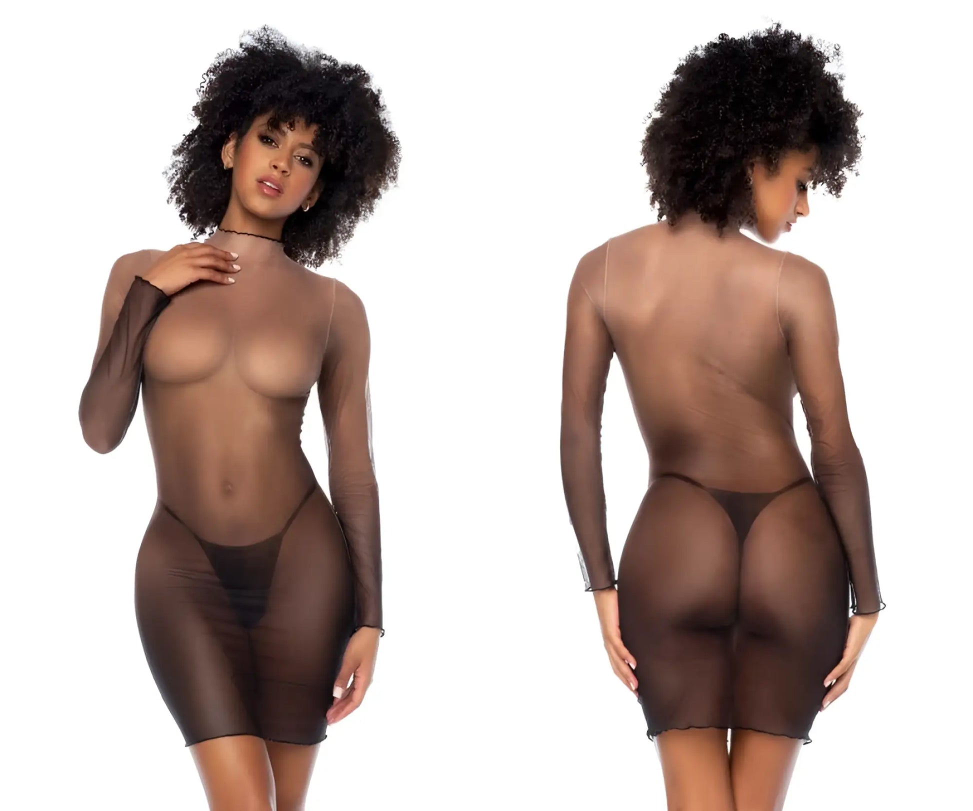 Black sheer long-sleeved bodycon dress with solid thong-style back panel in midnight shadow by mapale shown from back