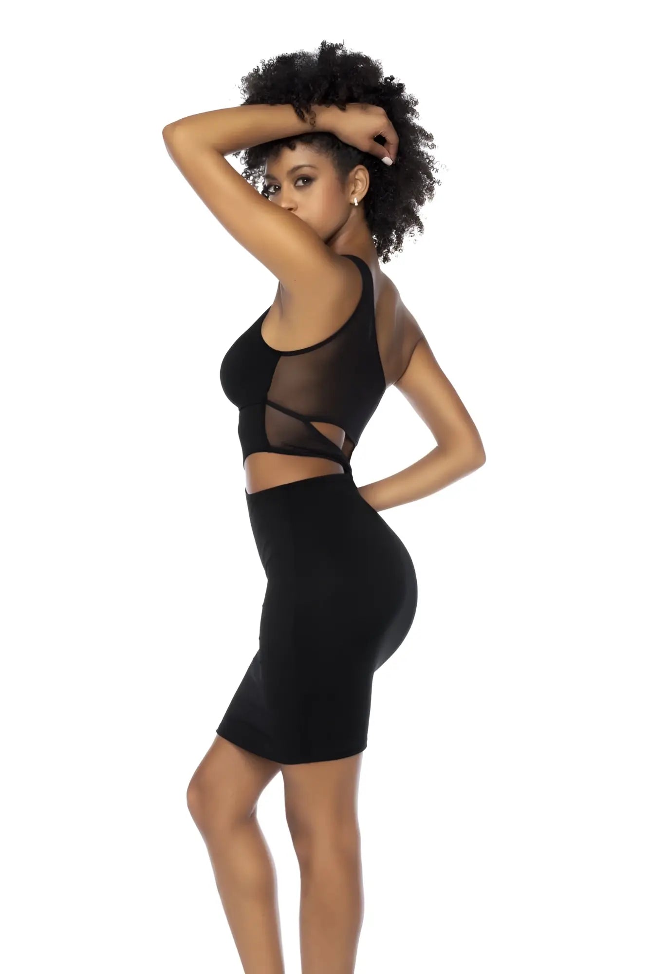 Mapale 40004 black sheer mesh crop top with side cutouts paired with a form-fitting black pencil skirt